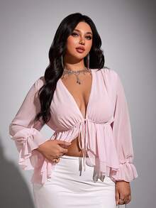 Viva Relle Plus-Size New Year Sexy Solid Color Deep V-Neck Ruffled Hem Sash Long-Sleeve Valentine's Day Shirt Fall - Pink - View 2