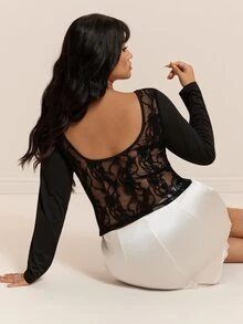 CovetEZ Autumn/Winter New Backless Lace Patchwork Casual Long Sleeve Plus Size T-Shirt Fall - Black - View 1