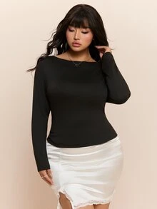 CovetEZ Autumn/Winter New Backless Lace Patchwork Casual Long Sleeve Plus Size T-Shirt Fall - Black - View 5