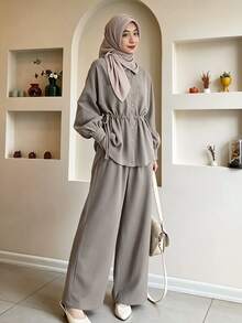 Celisse Solid Drawstring Waist Blouse & Wide Leg Pants Set - Light Grey - View 1