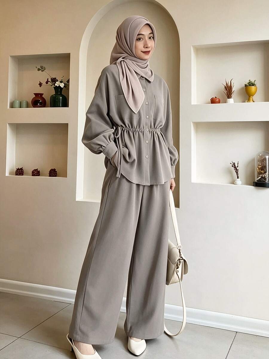 Celisse Solid Drawstring Waist Blouse & Wide Leg Pants Set - Light Grey - View 1