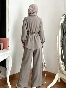 Celisse Solid Drawstring Waist Blouse & Wide Leg Pants Set - Light Grey - View 2
