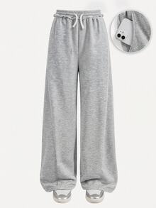 SHEIN Tween Girls Loose Fit Drawstring Pockets Wide Leg Sweatpants, Light Gray Winter - Grey - View 2