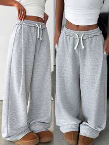 SHEIN Tween Girls Loose Fit Drawstring Pockets Wide Leg Sweatpants, Light Gray Winter - Grey - View 1