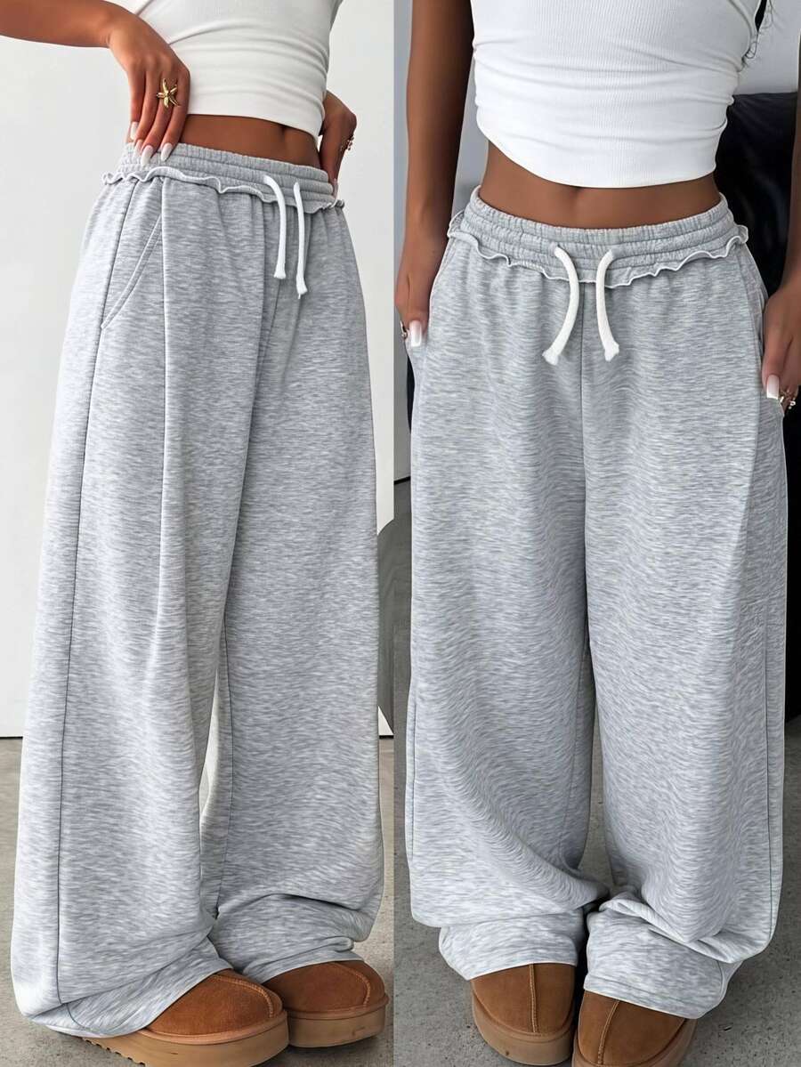 SHEIN Tween Girls Loose Fit Drawstring Pockets Wide Leg Sweatpants, Light Gray Winter - Grey - View 1