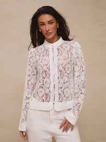 Glamine Chaqueta corta de encaje vintage color crema para mujer, top de malla transparente con cuello alto, botones de perla y manga larga, estilo francés elegante floral que estiliza la figura para boda - Blanco - Ver 5