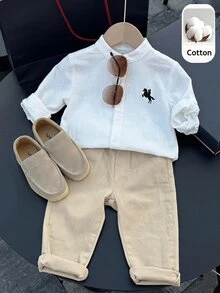 PrepCrw 兒童小男孩/小女孩 2件組 100%純棉春夏秋時尚休閒長袖上衣與長褲套裝，小男孩夏季服飾套裝，Squishy - 白色 - 查看 4