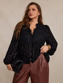 Freevana 女款大尺碼優雅通勤蕾絲拼接上衣 - 黑色 - 查看 4