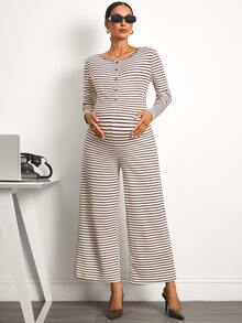 MaterniWear Maternity Casual Striped Jumpsuit For Autumn - Multicolor - View 7