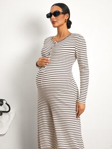 MaterniWear Maternity Casual Striped Jumpsuit For Autumn - Multicolor - View 8
