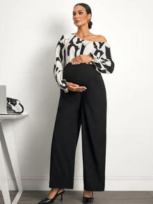 MaterniWear Maternity Fashion Commuter Print Patchwork Asymmetric Collar Jumpsuit - Black and White - View 8
