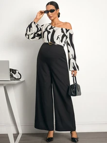 MaterniWear Maternity Fashion Commuter Print Patchwork Asymmetric Collar Jumpsuit - Black and White - View 9