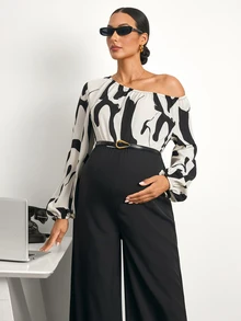 MaterniWear Maternity Fashion Commuter Print Patchwork Asymmetric Collar Jumpsuit - Black and White - View 5