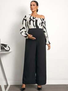 MaterniWear Maternity Fashion Commuter Print Patchwork Asymmetric Collar Jumpsuit - Black and White - View 7