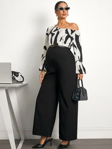 MaterniWear Maternity Fashion Commuter Print Patchwork Asymmetric Collar Jumpsuit - Black and White - View 4