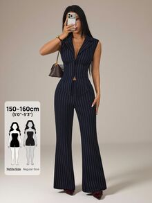 SHEIN PETITE 女款海軍藍條紋兩件套，時尚夏季無袖V領綁帶上衣與長褲，商務休閒辦公穿著，優雅教師套裝 - 藏蓝色 - 查看 8