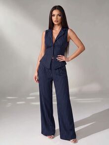 SHEIN PETITE 女款海軍藍條紋兩件套，時尚夏季無袖V領綁帶上衣與長褲，商務休閒辦公穿著，優雅教師套裝 - 藏蓝色 - 查看 10
