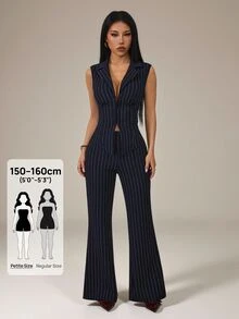 SHEIN PETITE 女款海軍藍條紋兩件套，時尚夏季無袖V領綁帶上衣與長褲，商務休閒辦公穿著，優雅教師套裝 - 藏蓝色 - 查看 6