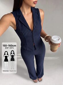 SHEIN PETITE 女款海軍藍條紋兩件套，時尚夏季無袖V領綁帶上衣與長褲，商務休閒辦公穿著，優雅教師套裝 - 藏蓝色 - 查看 2