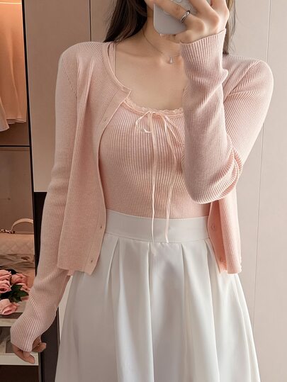 DAZY Solid Color Slim Fit Short Lace Trim Tie Bow Cami Top & Fitted Long Sleeve Cardigan Casual Vacation Korean Style 2pcs Set Spring Autumn Women's Sweater