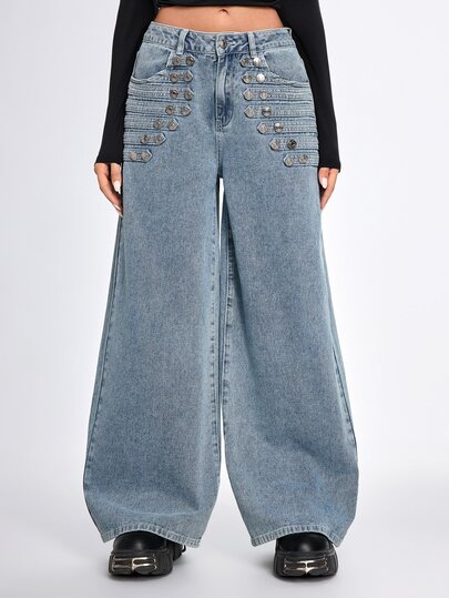 Grunge Punk Jeans de cintura baja y pierna ancha con diseño de botones Napoleón de metal punk lavados en azul para otoño/invierno