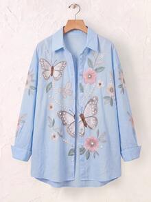 SHEIN BASICS Plus Size Vintage Cute Kawaii Butterfly Floral Print Single-Breasted Shirt Mother Of The Bride Wedding Light Blue Autumn Fall - Blue - View 5