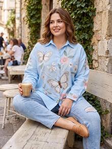 SHEIN BASICS Plus Size Vintage Cute Kawaii Butterfly Floral Print Single-Breasted Shirt Mother Of The Bride Wedding Light Blue Autumn Fall - Blue - View 4