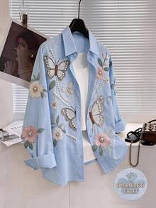 SHEIN BASICS Plus Size Vintage Cute Kawaii Butterfly Floral Print Single-Breasted Shirt Mother Of The Bride Wedding Light Blue Autumn Fall - Blue - View 7