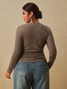 Travachic 大尺碼女款黑色長袖圓領保暖底層束腰 T 恤 - 棕色 - 查看 2
