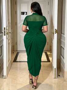 NU&NOW Women's Spring/Summer Sexy, Elegant, Mature, Intellectual, Dating, Holiday, Party, Dark Green Patchwork Mesh Sheer Bodycon Midi Dress - Fresh Green - View 2