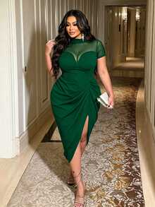 NU&NOW Women's Spring/Summer Sexy, Elegant, Mature, Intellectual, Dating, Holiday, Party, Dark Green Patchwork Mesh Sheer Bodycon Midi Dress - Fresh Green - View 4