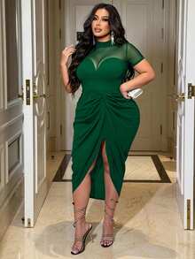 NU&NOW Women's Spring/Summer Sexy, Elegant, Mature, Intellectual, Dating, Holiday, Party, Dark Green Patchwork Mesh Sheer Bodycon Midi Dress - Fresh Green - View 5