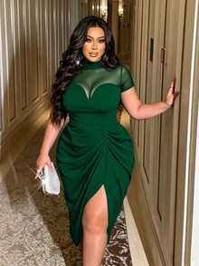 NU&NOW Women's Spring/Summer Sexy, Elegant, Mature, Intellectual, Dating, Holiday, Party, Dark Green Patchwork Mesh Sheer Bodycon Midi Dress - Fresh Green - View 3