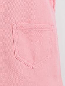 SHEIN 女童牛仔吊帶裙，秋季新品，淺藍色愛心圖案印花，荷葉邊肩帶，甜美可愛無袖背心牛仔女孩設計 - 粉色 - 查看 7