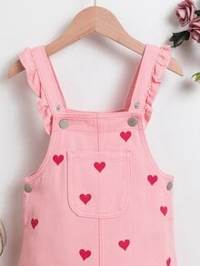 SHEIN 女童牛仔吊帶裙，秋季新品，淺藍色愛心圖案印花，荷葉邊肩帶，甜美可愛無袖背心牛仔女孩設計 - 粉色 - 查看 6