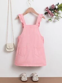 SHEIN 女童牛仔吊帶裙，秋季新品，淺藍色愛心圖案印花，荷葉邊肩帶，甜美可愛無袖背心牛仔女孩設計 - 粉色 - 查看 3