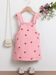 SHEIN 女童牛仔吊帶裙，秋季新品，淺藍色愛心圖案印花，荷葉邊肩帶，甜美可愛無袖背心牛仔女孩設計 - 粉色 - 查看 4