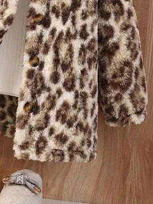 Elladie kids Young Girl Leopard Print Plush Long Sleeve Single-Breasted Hooded Jacket, Fall, Back To School, Casual, Crop, Loose, Comfortable, Knit, Warmth - Brown - View 6