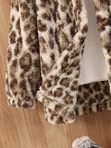 Elladie kids Young Girl Leopard Print Plush Long Sleeve Single-Breasted Hooded Jacket, Fall, Back To School, Casual, Crop, Loose, Comfortable, Knit, Warmth - Brown - View 5