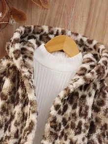 Elladie kids Young Girl Leopard Print Plush Long Sleeve Single-Breasted Hooded Jacket, Fall, Back To School, Casual, Crop, Loose, Comfortable, Knit, Warmth - Brown - View 4