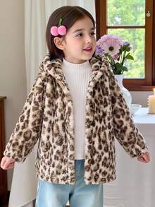 Elladie kids Young Girl Leopard Print Plush Long Sleeve Single-Breasted Hooded Jacket, Fall, Back To School, Casual, Crop, Loose, Comfortable, Knit, Warmth - Brown - View 2