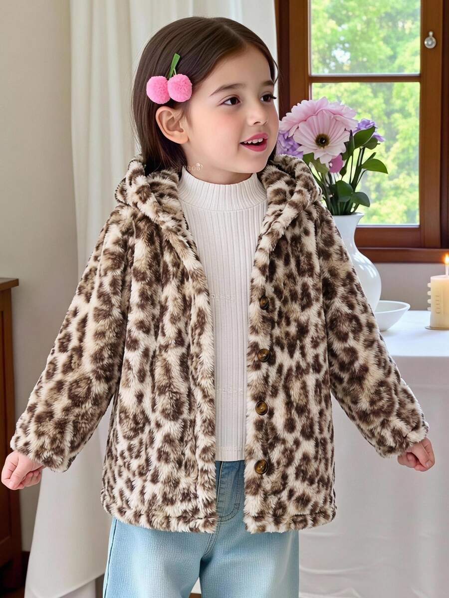 Elladie kids Young Girl Leopard Print Plush Long Sleeve Single-Breasted Hooded Jacket, Fall, Back To School, Casual, Crop, Loose, Comfortable, Knit, Warmth