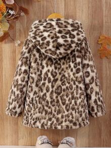 Elladie kids Young Girl Leopard Print Plush Long Sleeve Single-Breasted Hooded Jacket, Fall, Back To School, Casual, Crop, Loose, Comfortable, Knit, Warmth - Brown - View 3