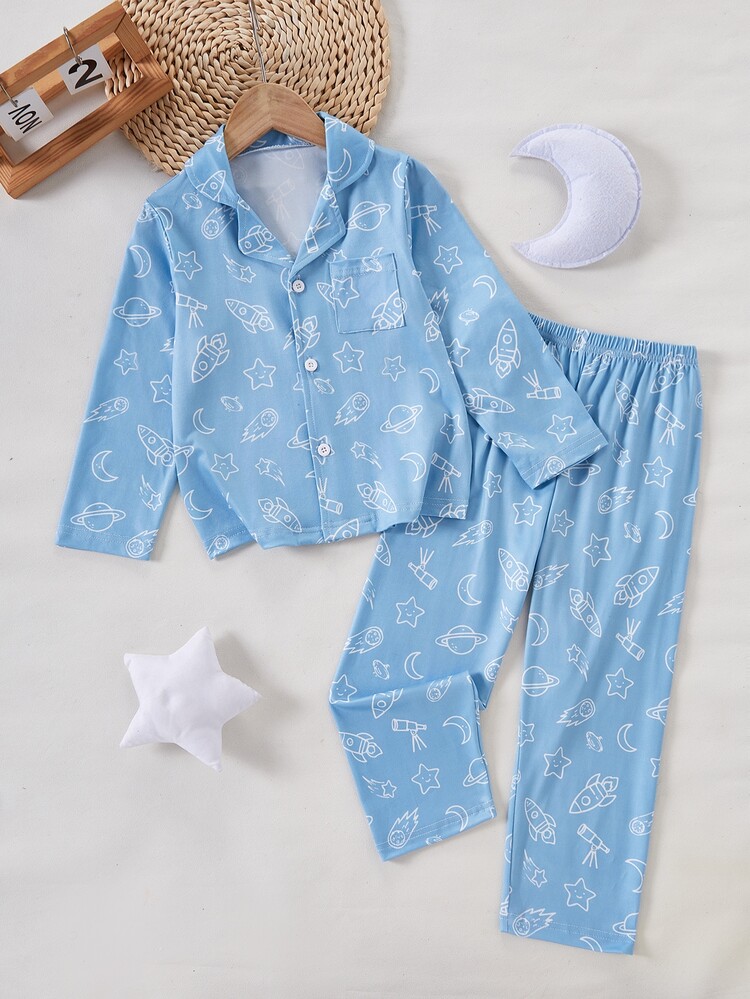 Young Boy All-Over Print Single-Breasted Long Sleeve Top And Long Pants Casual Daily Home Pajama Set Baby Purple Autumn - Blue - View 4