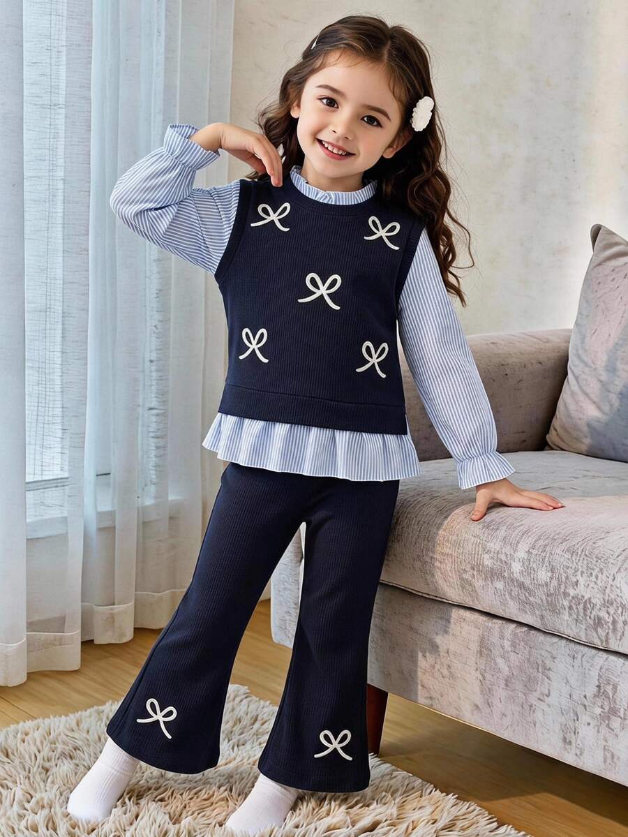 SHEIN Elladie kids 2pcs/Set Girls Blue Striped Bow & Ruffle Trim Long Sleeve 2 In 1 Top With Blue Pants, Back To School Clothes Outfit