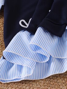 SHEIN Elladie kids 2pcs/Set Girls Blue Striped Bow & Ruffle Trim Long Sleeve 2 In 1 Top With Blue Pants, Back To School Clothes Outfit - Blue - View 9