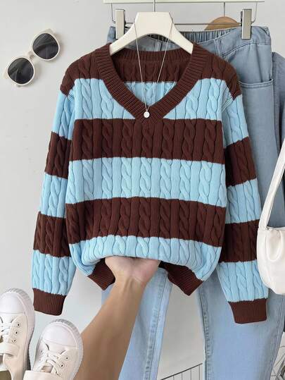 SHEIN Tween Girls Striped Colorblock Cable Knit V-Neck Lantern Sleeve Oversized Pullover Sweater, Suitable For Autumn/Winter And Outings
