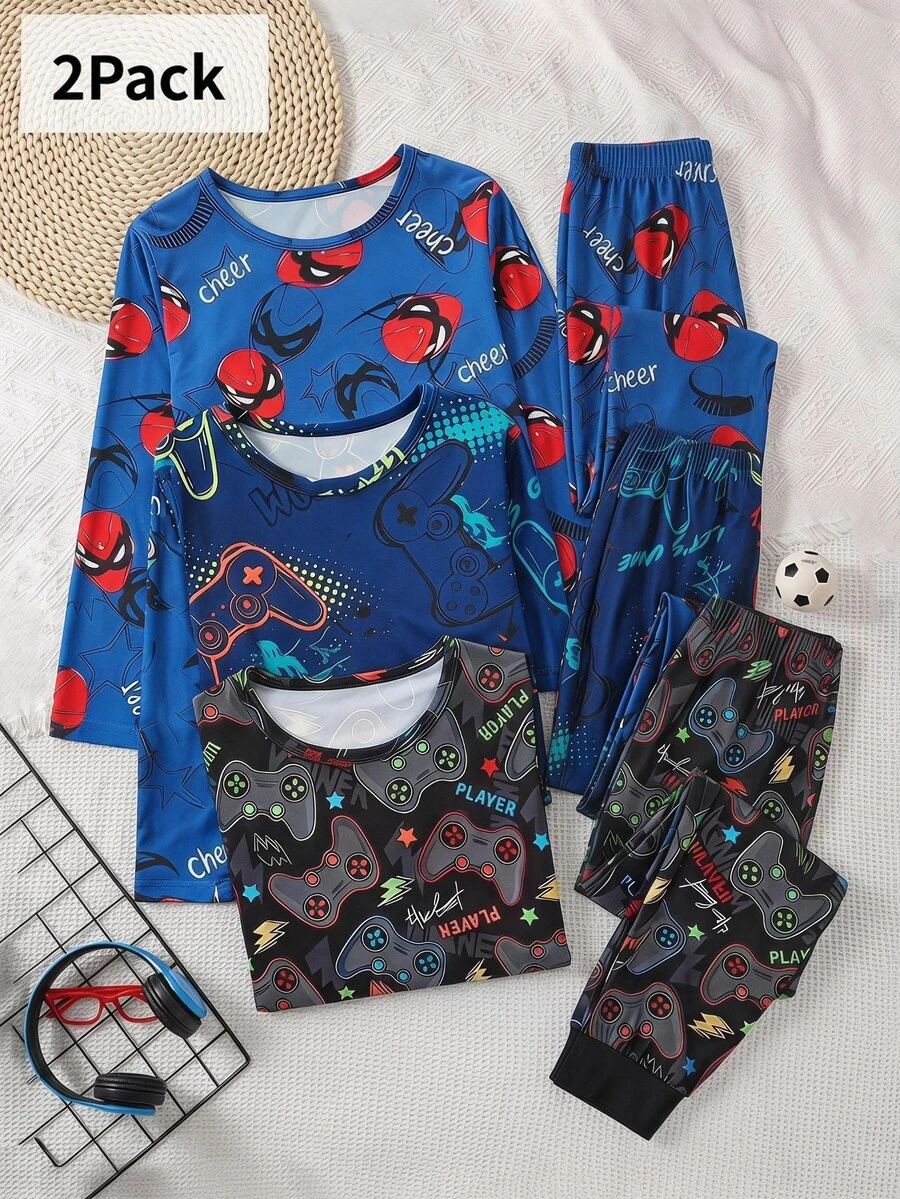 Boy Pajamas Big Kids Game Console Print Long Pants Long Sleeve 2 Pieces Set Loungewear - Blue - View 1