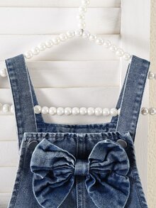 Elladie kids Young Girl' 牛仔背心裙，甜美藍色吊帶裙配粉色蝴蝶結刺繡 3D 蝴蝶結設計，柔軟秋季時尚校園穿搭 - 中等水洗藍 - 查看 5