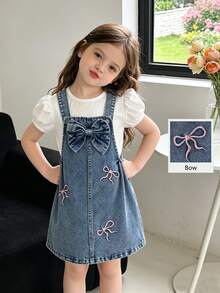 Elladie kids Young Girl' 牛仔背心裙，甜美藍色吊帶裙配粉色蝴蝶結刺繡 3D 蝴蝶結設計，柔軟秋季時尚校園穿搭 - 中等水洗藍 - 查看 9